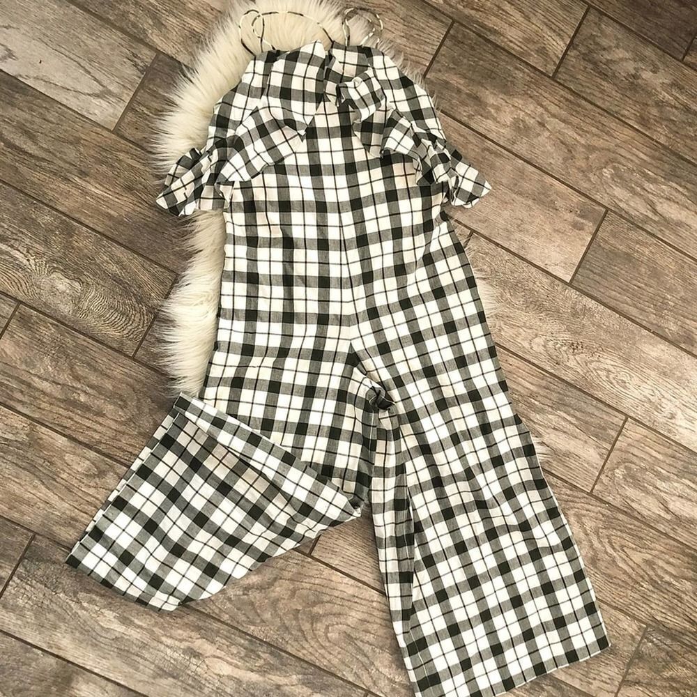 Snidel Olive Green Plaid Wide Cropped Leg Jumpsuit